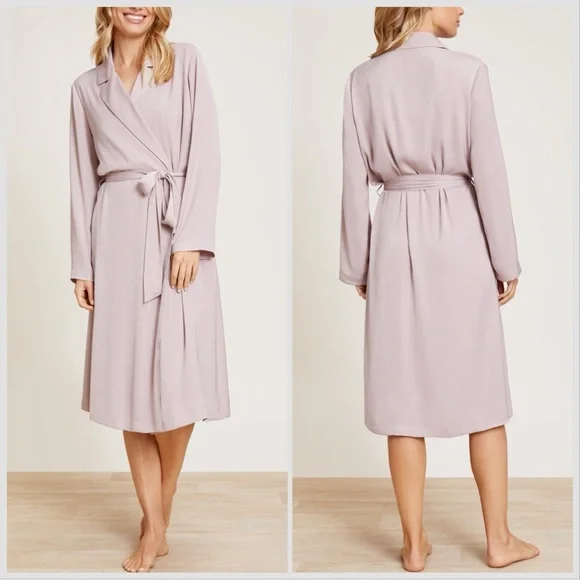 Barefoot Dreams Washed Satin Notch Collar Robe in Feather Sz S